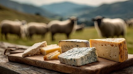 Delicious sheep cheese on a background of sheep on a green field