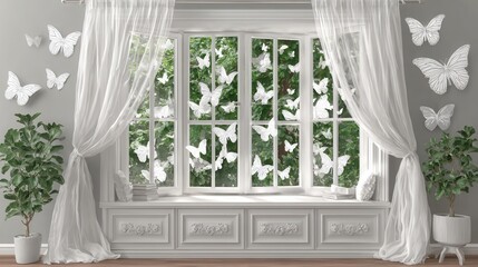 Elegant window adorned with butterflies and curtains, evoking a sense of tranquility and light