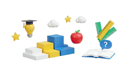 Education Concept: Graduated Light Bulb, Steps, Apple, and Book.