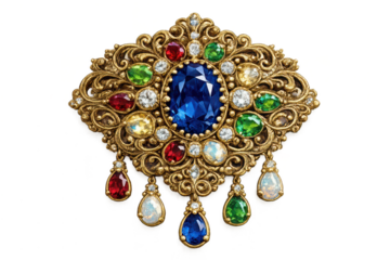 Vintage jeweled brooch, gemstones on transparent background artwork