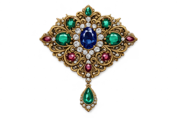 Ornate gold brooch with jewels on a transparent background image.