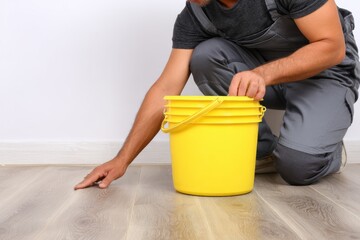Man doing maintenance work with a yellow bucket on the floor