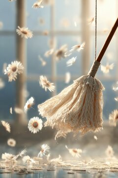 Mop cleaning in a sunny spring day with daisy flowers