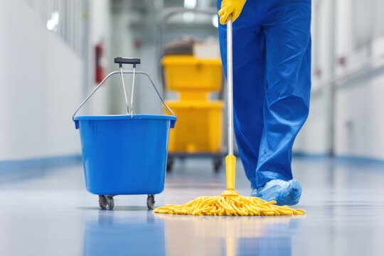Janitor cleaning the floor with mop and bucket