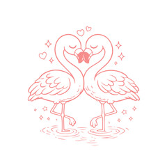Romantic Flamingo Couple Line Art Illustration with Tropical Flowers