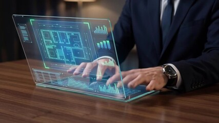 Businessman working on a virtual laptop - Powered by Adobe