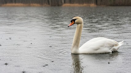Obraz premium Graceful swan in serene rainy lake captured in tranquil setting