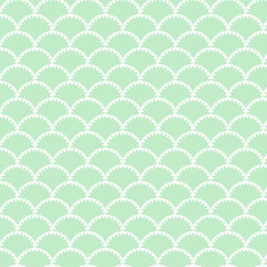 ハートのスカラップ模様のシームレスパターン（ミントグリーン）ー 淡いミントグリーンに小さなハートが並ぶ、かわいいスカラップの背景。デザインペーパー、マスキングテープ、マスキングシールブック、フレークシール、手帳デコ素材、ノート表紙、ハンカチ、箸、マグカップ、皿、キッチンクロス、キッチン雑貨、ポーチ等に最適。バレンタインにも。