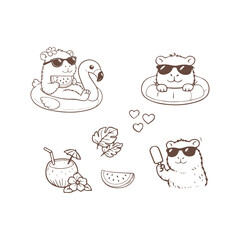 Black and White Capybara Summer Sticker Set Line Art