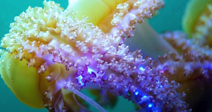 Ethereal Bioluminescent Siphonophore Colony Drifting in Deep Sea Abyssal Teal Void. Deep Underwater Life Concept.
