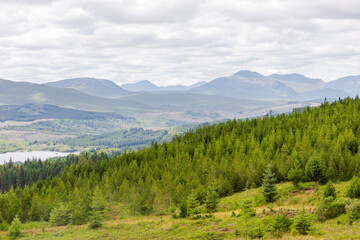 Fototapeta premium Isle of Skye, Scotland - Tranquil mountain landscape with forest, lake, and rolling hills under cloudy sky