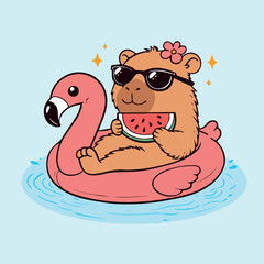 Cute Capybara on Flamingo Pool Float Summer Illustration
