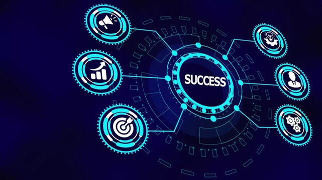 Business success concept with digital interface icons highlighting achievement, analytics, leadership strategy, optimization, and measurable performance.