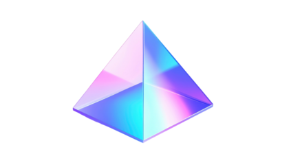 Iridescent pyramidal form, facets shimmering with soft pastel gradient on a stark black background