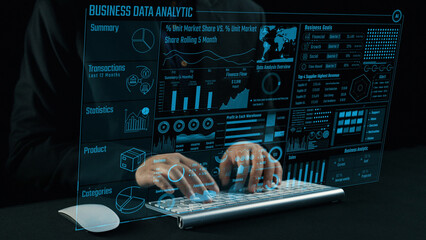 A modern business data analytics interface showcasing a digital dashboard with interactive elements, charts, and statistics for effective financial market analysis. Cipher