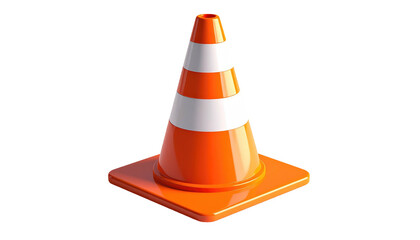 Cartoon traffic cone bright orange with white stripes, square base, on dark background