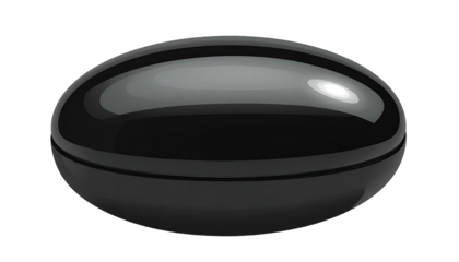 A glossy, dark gray capsule, lit to show specular highlights against a solid black background