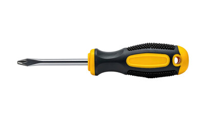 Yellow and black Phillips head screwdriver with textured grip, chrome shaft on pure black background, centered horizontal composition