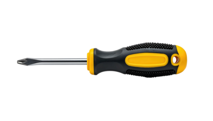 Yellow and black Phillips head screwdriver with textured grip, chrome shaft on pure black background, centered horizontal composition