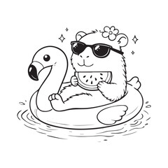 Cute Capybara Relaxing on Flamingo Pool Float Line Art
