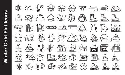 Winter Cold Flat Icons Set: Minimalist Hand-Drawn Doodle Style Icons for Christmas, Cold Weather, Arctic Animals, and Winter Sports