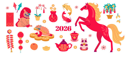 Chinese New Year 2026 vector set with zodiac horse, lucky coins, dragons, lanterns, gold ingots and traditional symbols. Traditional asian festival elements. Fire horse Lunar New Year illustration.