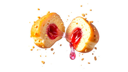 Broken jelly-filled donut with dripping strawberry filling and crumbs isolated on white background, sweet dessert concept


