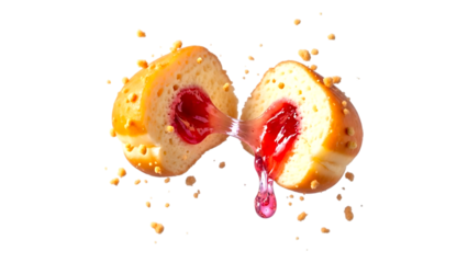 Broken jelly-filled donut with dripping strawberry filling and crumbs isolated on white background, sweet dessert concept

