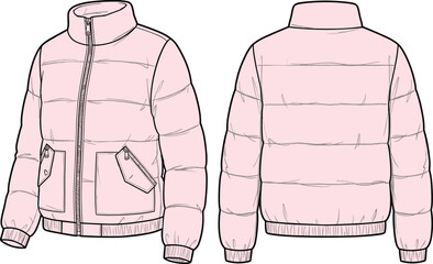 Pink puffer jacket vector illustration, women winter coat technical drawing, front and back view, fashion flat sketch, apparel design template © Farzana