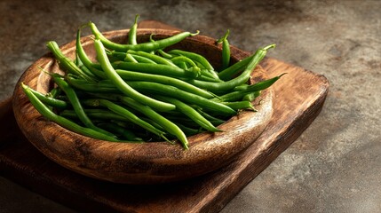 Green beans in a wooden plate on a white background, top view	