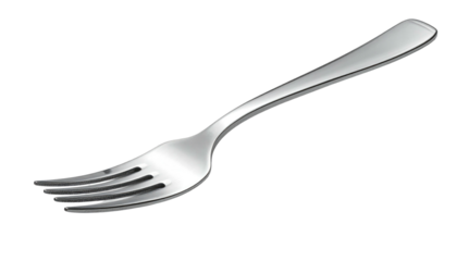 Sleek silver fork with four tines, angled on a plain black background. Shiny and metallic, simple design