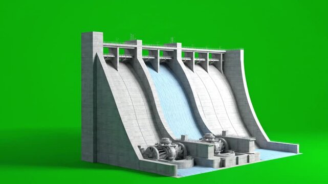 3D rendering of a hydroelectric dam model with gates on a green background