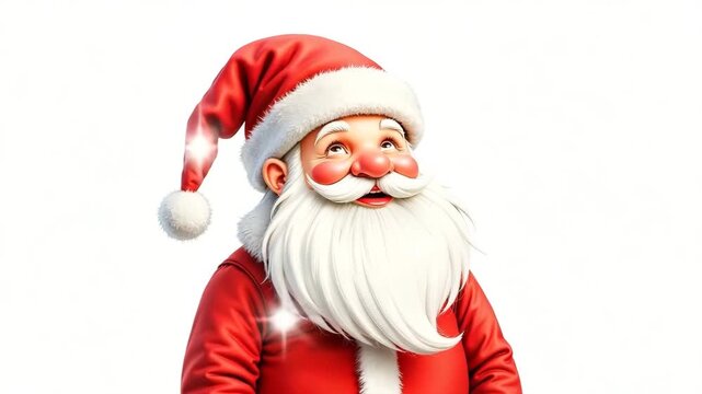 Jolly Santa Claus with long white beard in classic red suit and hat smiling cheerfully on white background