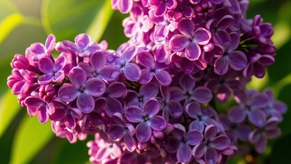 Close-up of vibrant purple lilac blossoms in sunlight