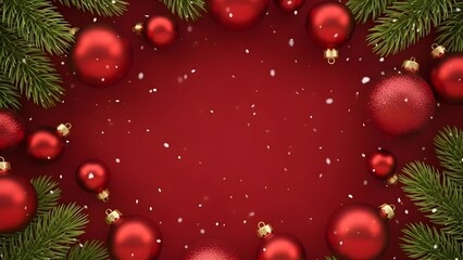Elegant red Christmas ornaments surrounded by pine branches on a festive red background with subtle snowflakes