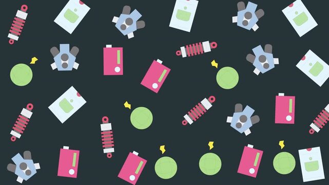 Pattern of mechanical parts and tools seamless design, engineering objects, flat lay illustration on dark background