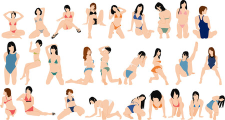 ポーズをとる水着を着た女性のイラストセット