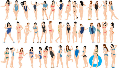 ポーズをとる水着を着た女性のイラストセット