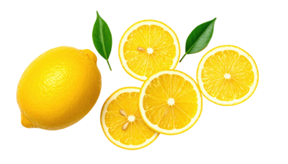 A vibrant composition featuring a whole lemon alongside sliced segments, showcasing freshness with verdant leaves. The fruit's color is yellow