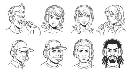A collection of diverse singers and musicians wearing headphones in black and white line art vector style, suitable for music-related projects and branding