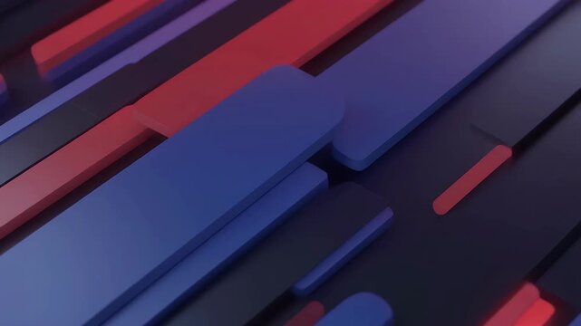 Abstract 3D rendering of red, blue, and black rounded rectangles on a dark background.