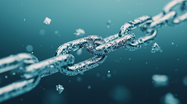 Broken chrome chain conceptual explosion showing dimensional fracture curves disrupted alignment and symbolic breaking barriers.