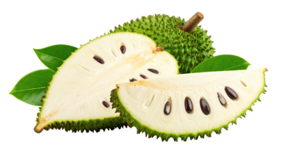 A vibrant tropical fruit, spiky green exterior, sliced to reveal creamy white flesh and dark seeds, alongside fresh green leaves