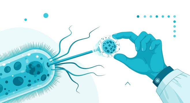 Innovative microbiological research concept with scientist examining magnified bacteria specimen