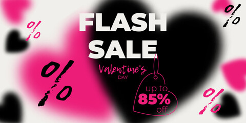 Valentine's Day sale. Horizontal banner. Soft white background with pink and black blurred hearts, modern bright design.