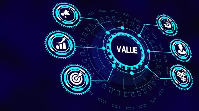 Business value creation concept with digital icons representing return generation, analytics insight, strategic optimization, and growth systems.