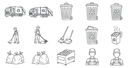 A collection of waste management icons including garbage trucks, bins, workers, and recycling symbols in a minimalist vector style, suitable for environmental projects and educational materials