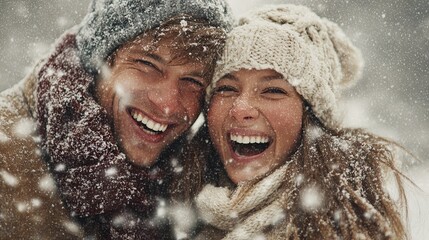 Man and woman hugging in winter park