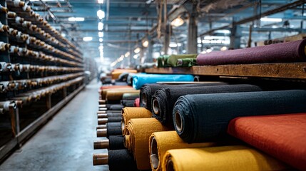 Fabric production in a factory, rolls of fabric on a conveyor belt