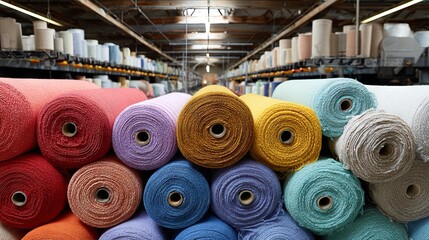 Fabric production in a factory, rolls of fabric on a conveyor belt